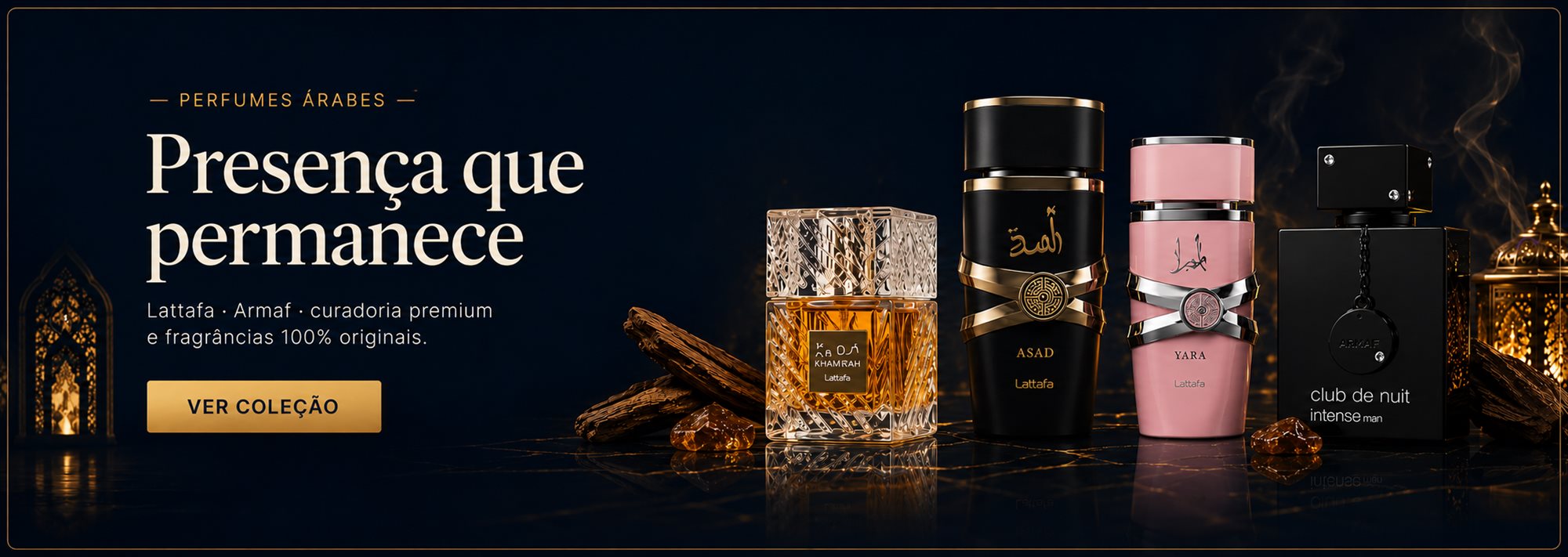 Perfumes Árabes: presença que permanece. Lattafa, Armaf e curadoria premium, fragrâncias 100% originais. Ver coleção.